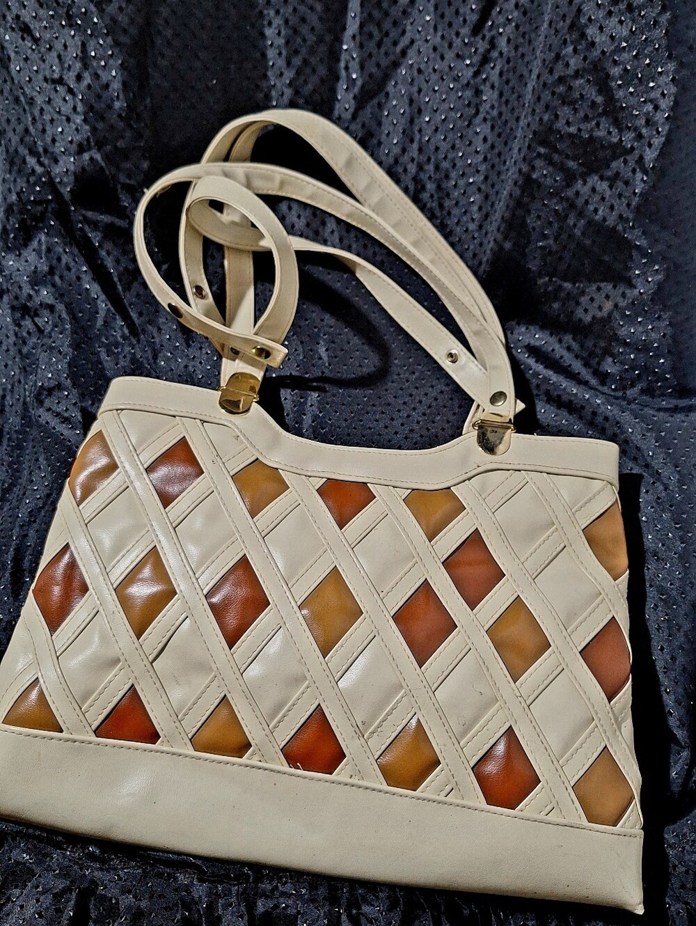 Cream Woven-Panel Tote Bag with Brown & Tan Accents